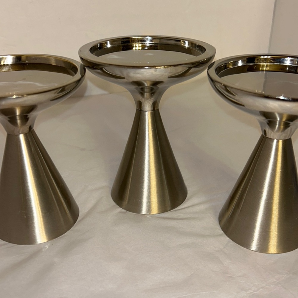 3 Nickle Chrome Candle Holders  2 Tone MCM Art Deco Style Geometric Cone Shaped